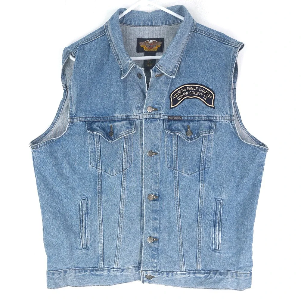 Harley-Davidson Mens Denim Vest Light Wash HOG Eagle Patches XL 98291-02VM
